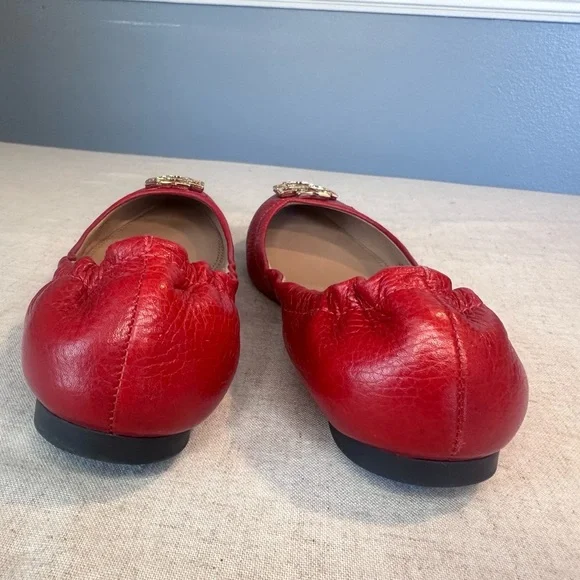 Tory Burch Red Flats with Gold Logo - Picture 4 of 9